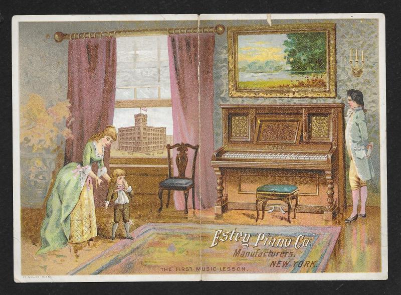 VICTORIAN TRADE CARD Estey Piano Parlor Woman Man & Boy First Music Lesson