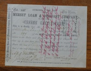 Mersey Loan & Discount Company Ltd., certificate for one share dated 1873