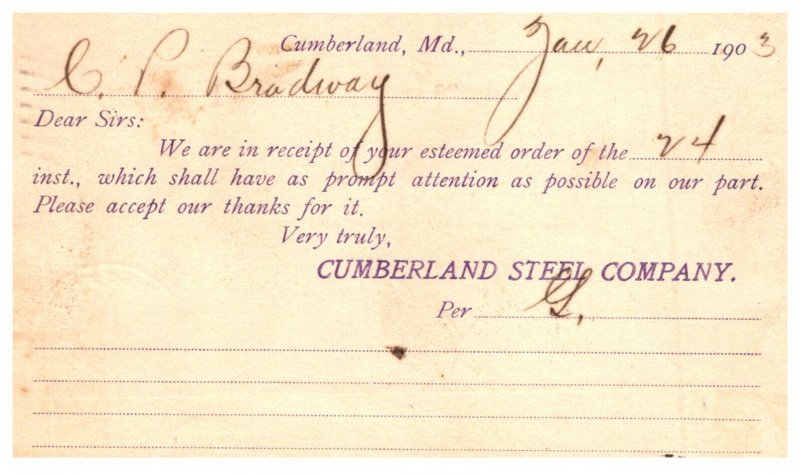 Maryland Cumberland Steel Co.  receipt of Order