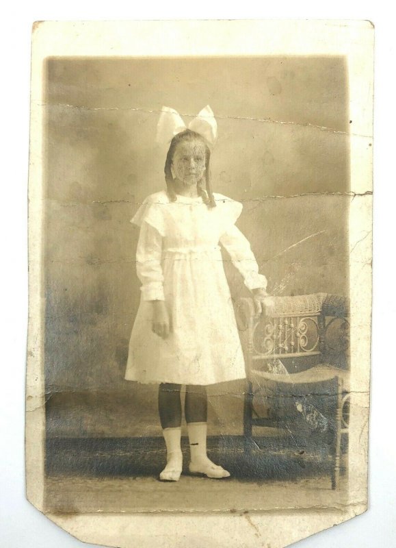 Bow Girl Chair RPPC Cute Antique  Photo AZO 1910 Postcard POSTED