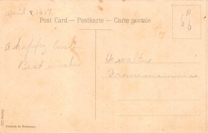 B425 Easter Greetings Chicks Seek Ladybug in Hay Barn Red Eggs postcard