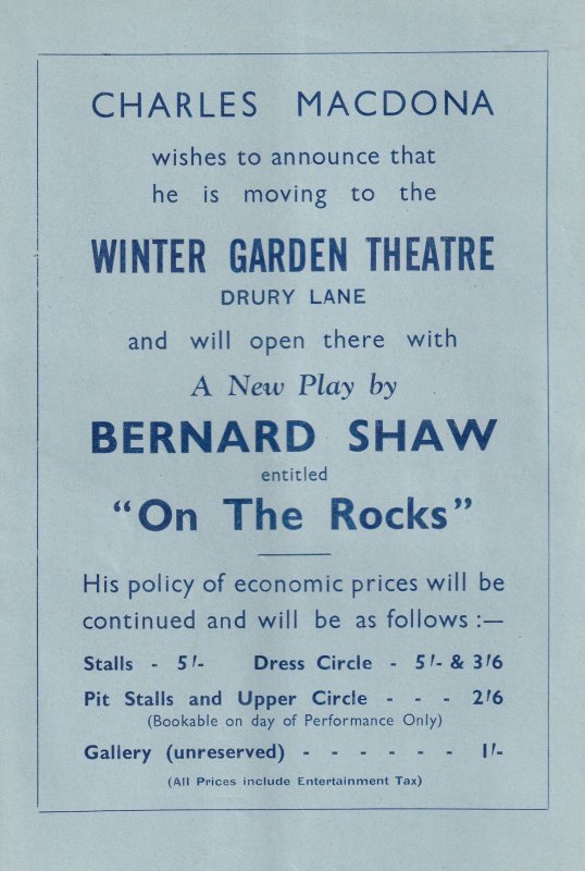 Charles Macdona Bernard Shaw On The Rocks Theatre Leaflet Flyer