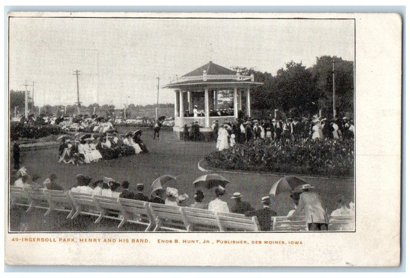 c1905 Ingersoll Park Henry & His Band Tourists Crowd Des Moines Iowa IA Postcard