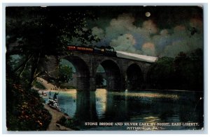 1913 Stone Bridge Train Silver Lake By Night East Liberty Pittsburgh PA Postcard