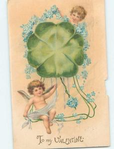 Pre-1907 Valentine CUPIDS WITH SHAMROCK AND FORGET-ME-NOT FLOWERS HL6979