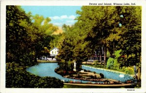 Postcard IN Winona Lake Swans and Island Statues 1940s S10