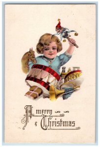 c1910's Merry Christmas Little Girl Gift Toys Embossed Antique Canada Postcard 