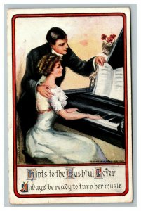 Vintage 1910's Comic Postcard - Man Turns Pages of Music for Woman Playing Piano