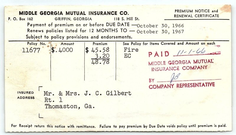 1966 GRIFFIN GA MIDDLE GEORGIA MUTUAL INSURANCE PREMIUM INVOICE Z904