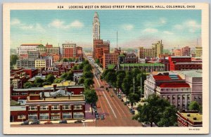 Columbus Ohio 1940s Postcard Looking West On Broad Street from Memorial Hall