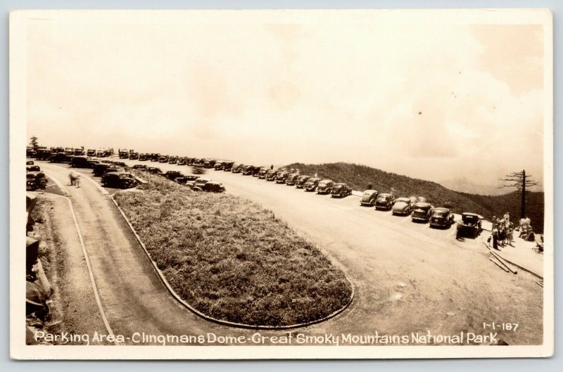 Great Smoky Mountains Nat'l Park TN~Clingman's Dome Parking~1930s Cars RPPC 