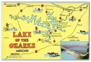 c1950's Map Lake Of The Ozarks Missouri Springfield MO Unposted Vintage Postcard