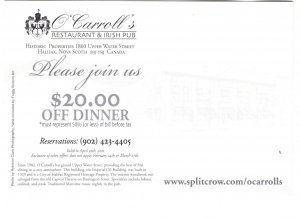 O'Carroll's Restaurant, Halifax, Postcard Coupon, Nova Scotia, Canada