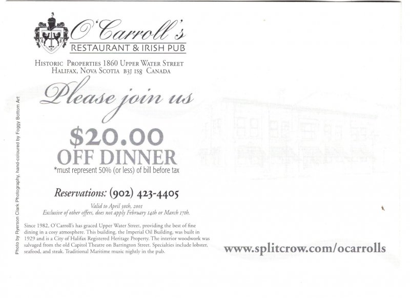 O'Carroll's Restaurant, Halifax, Postcard Coupon, Nova Scotia, Canada