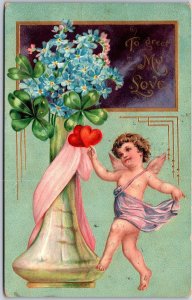 To Greet My Love, 1909 Cupid with Vase Of Forgot-Me-Not Clover, Hearts, Postcard