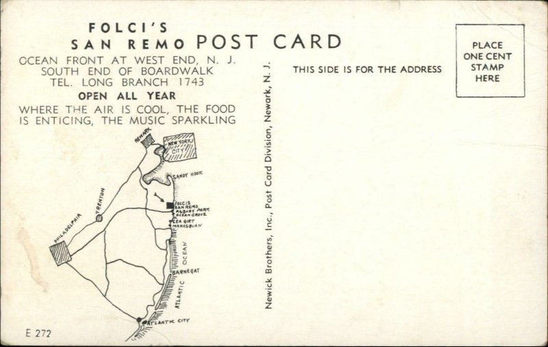 Folci's San Remo at West End NJ Map on Back Postcard