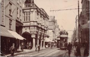 High Street Exeter Devon England Tram Public Benefit Boot Co RPPC Postcard E32