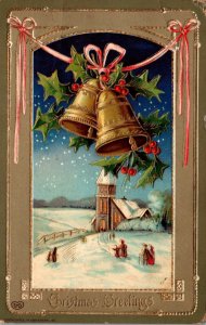 Christmas With Gold Bells and Winter Scene