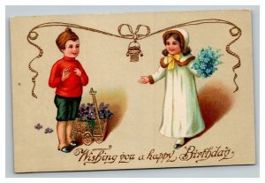 Vintage 1910's Birthday Postcard Cute Children Gold Wagon with Purple Flowers