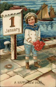 New Year Little Boy in Sailor Outfit Sailing Ship c1910 Gel Vintage Postcard