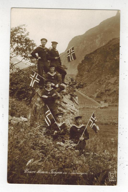 Mint RPPC Postcard Germany Navy Kriegsmarine Sailors in Norway with Flags WW1