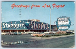 1962 STARDUST RESORT HOTEL GREETINGS FROM LAS VEGAS STRIP OLD CARS EXTERIOR VIEW