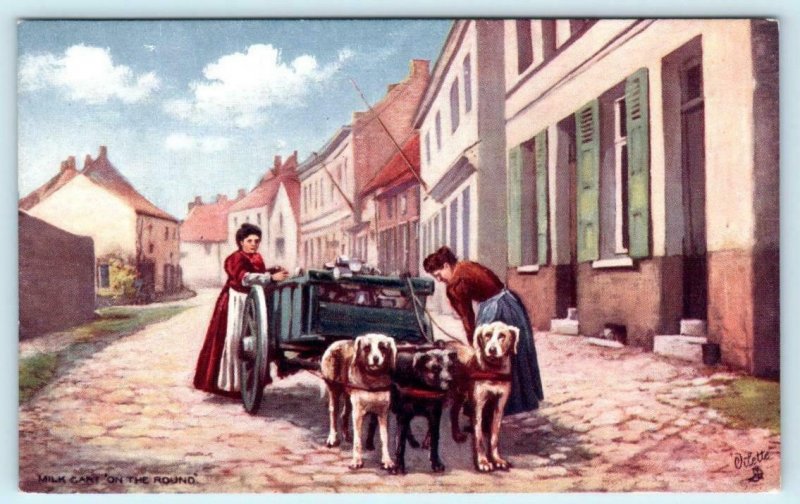 2 Postcards DOG LIFE IN BELGIUM Street Scene MILK & DAIRY CARTS Tuck Oilette