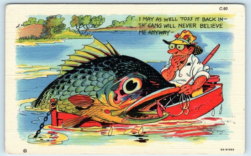 RAY WALTERS Signed FISHING COMIC Th' Gang Will Never Believe Me! 1936 Postcard 