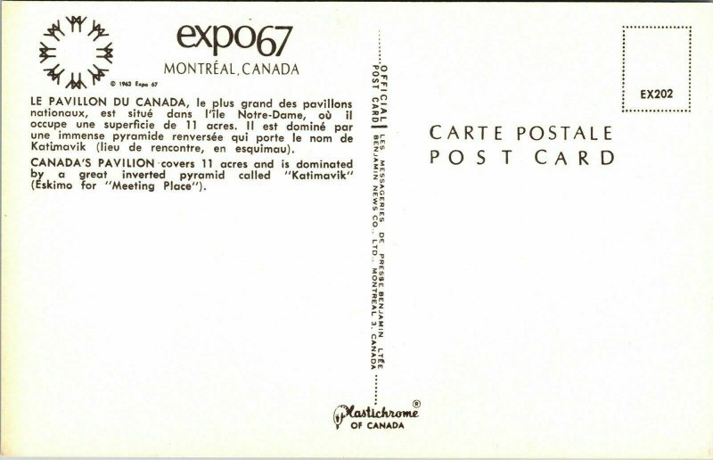 Canadas Pavilion Inverted Pyramid Katimavik Expo 67 VTG Postcard UNP Unused 