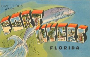 Fort Myers Florida Large Letters Royal Palms Tichnor linen Postcard 21-9602