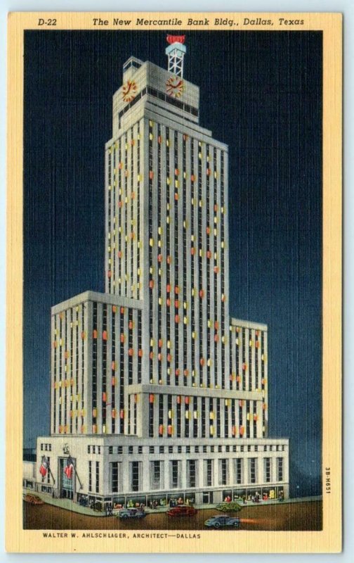 2 Postcards DALLAS, Texas TX ~ Day/Night NEW MERCANTILE BANK Building 1940s