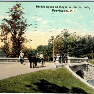 c1910s Providence, RI Bridge Scene @ Roger Williams Park Bicycles Postcard A116