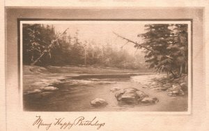 Vintage Postcard Many Happy Birthdays River Pine Trees Nature Black & White