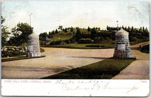 VINTAGE POSTCARD VIEW OF FORT HILL PARK AT LOWELL MASSACHUSSETS POSTED 1907