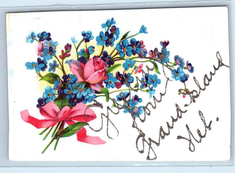 GRAND ISLAND, NE Nebraska   GREETINGS FROM  Flowers Glitter c1950s   Postcard