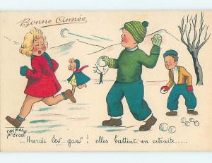 Pre-1907 foreign signed BAD BOYS THROW SNOWBALLS AT FRENCH GIRLS HL8098