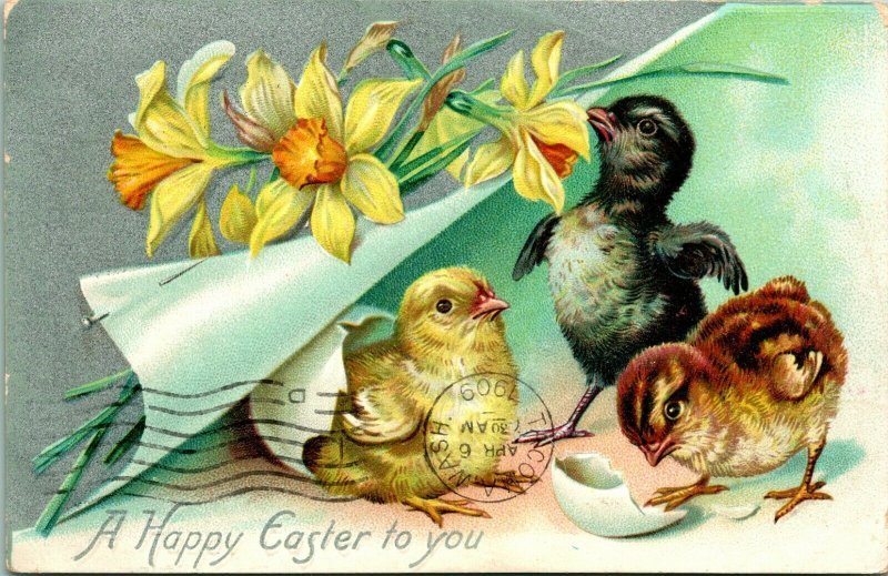 Vtg Carte Postale Tuck's Pâques Séries 112 - Chicks & Jonquilles - Happy pour