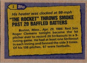 1987 Topps Baseball Card '86 Record Breaker Roger Clemens Boston Red Sox...