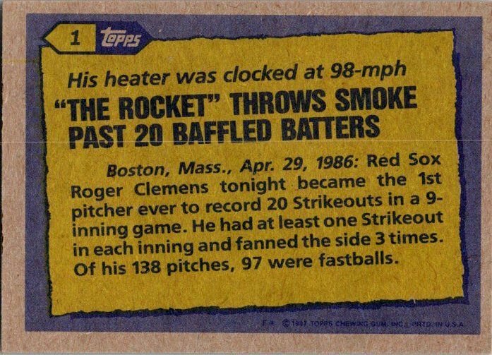 1987 Topps Baseball Card '86 Record Breaker Roger Clemens Boston Red Sox...