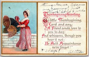 Thanksgiving Greetings Turkey & Woman In Long Dress Posted Vintage Postcard