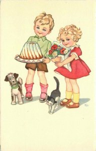 Children Dog Cat jelly Desert Stehli artist impression Postcard 21-9238