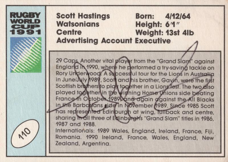 Scott Hastings Scotland Hand Signed Rugby 1991 World Cup Card Photo