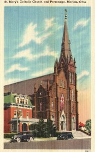 Vintage Postcard 1930's St. Mary's Catholic Church And Parsonage Marion Ohio OH