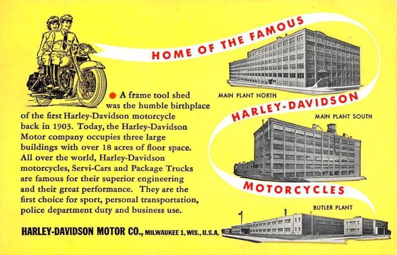 Milwaukee WI Harley Davidson Factory Motorcycle Postcard