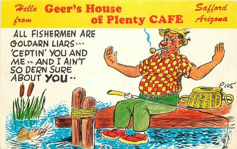 Advertising Fishing Camping Humor Geers Cafe 1950s Postcard Petley 8009