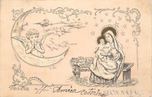 Embossed Christmas 1902 art nouveau fantasy postcard moon angel Holy Family