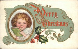 Christmas Cute Girl Book Reading Holly Gilt Embossed c1900s-20s Postcard