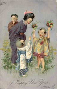 New Year Japanese Asian Mother With Children Beautiful Art c1910 Postcard