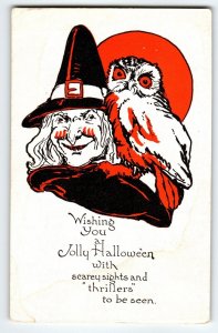 Halloween Postcard Witch Owl Moon Antique Metropolitan Scary Sights & Thrillers