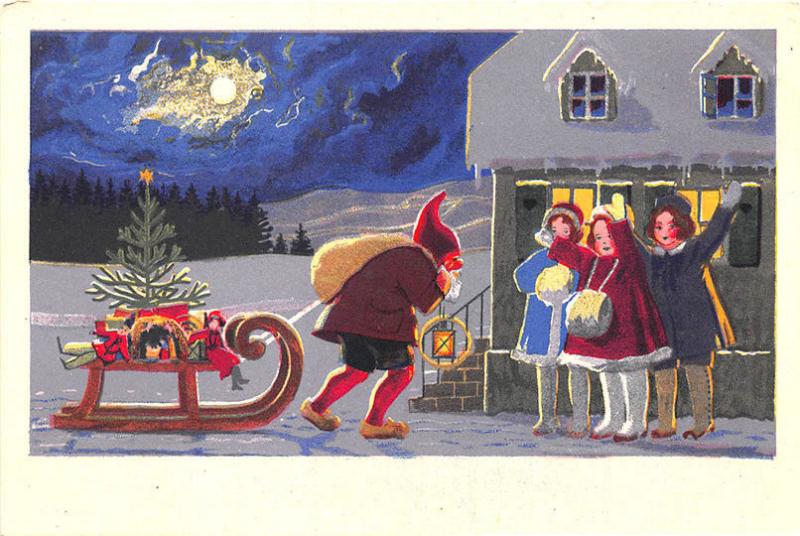 Christmas Santa Claus Purple Robed Pulling Sled Young Girls Moon Postcard